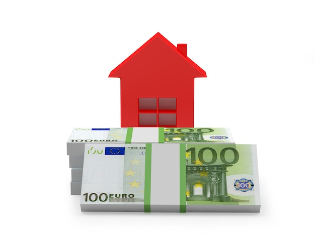 House icon on euro banknotes. 3d