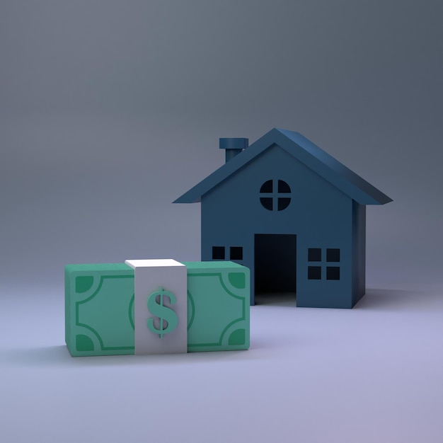 House icon and pack of dollars 3d rendering