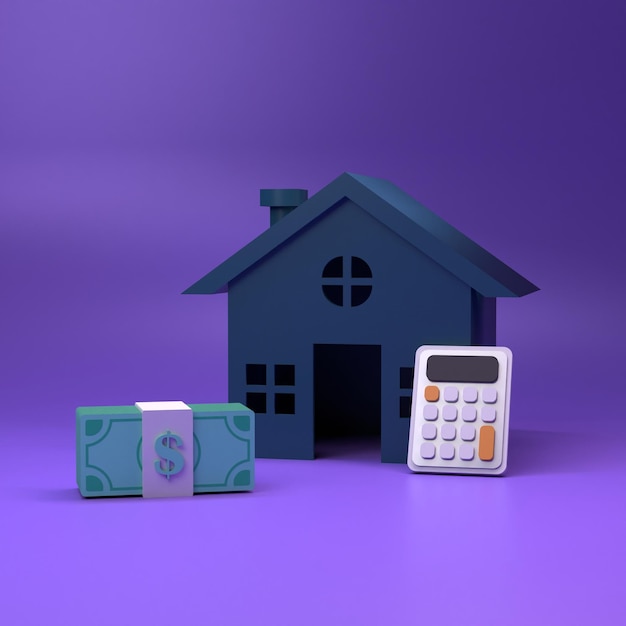 House icon and pack of dollars 3d rendering