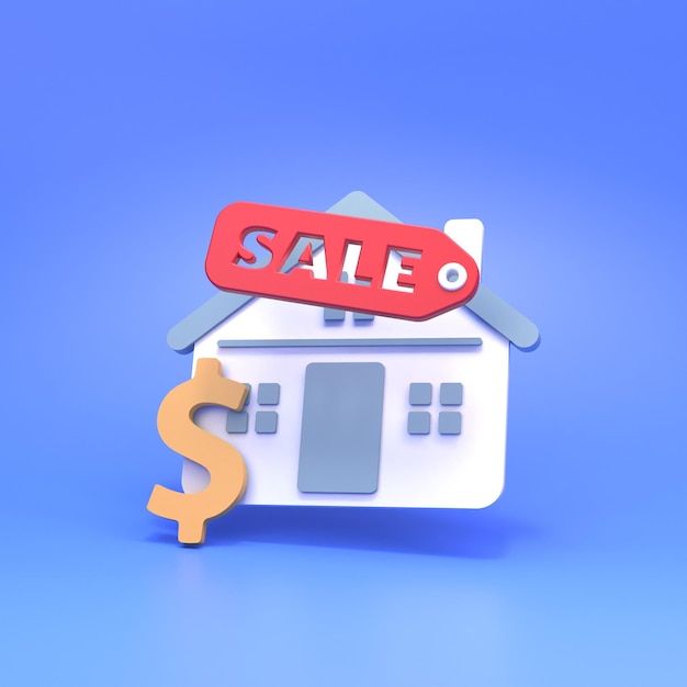 House icon and sale tag 3d rendering