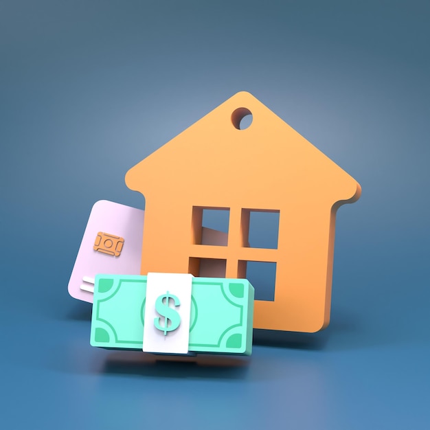 Foto icona della casa e pila di dollari concetto di acquisto immobiliare 3d rendering