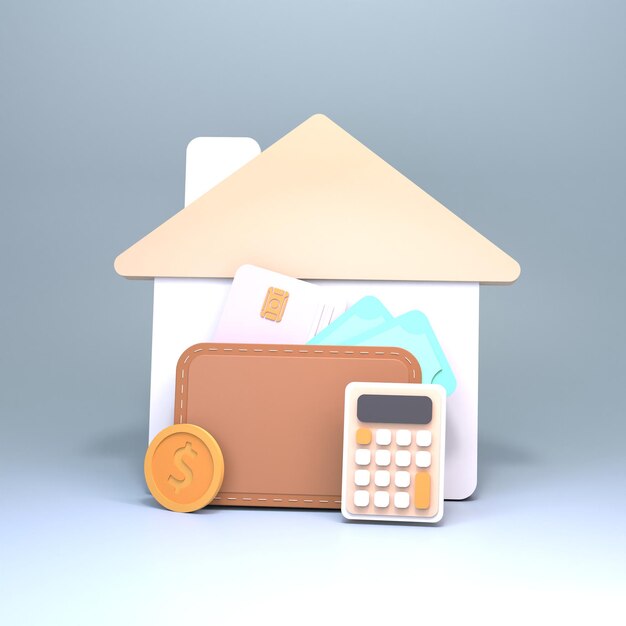 House icon, wallet and calculator. The concept of buying a home. 3D rendering