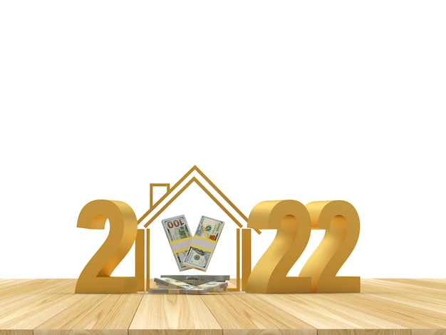 House icon with dollar bills and golden number of new year