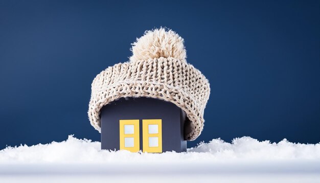 Фото Дом в зимней системе отопления концепция и холодная снежная погода с моделью дома носящего