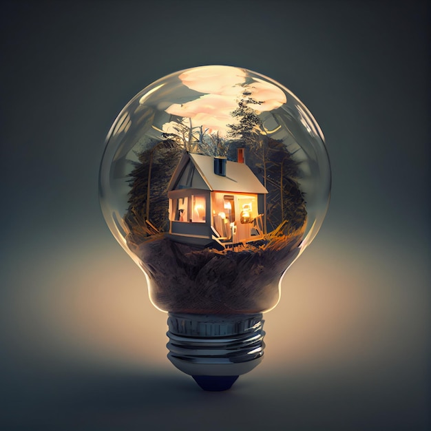 House inside a light bulb energy efficiency 3d render illustration