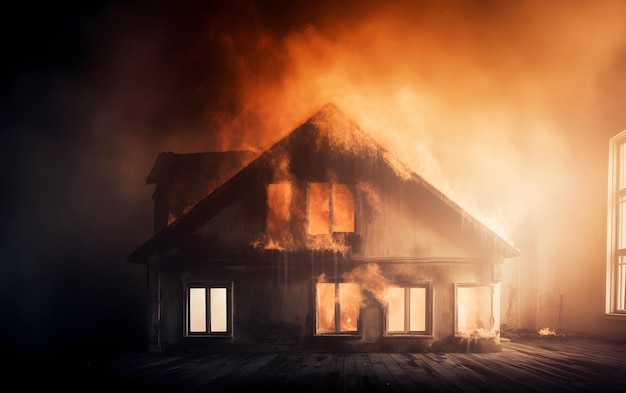家が燃えていて、正面に「火」という文字が書かれています。
