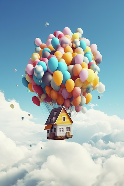 A house is flying in the sky with balloons