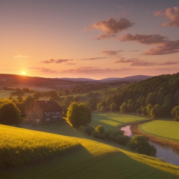 a house is on a hill with a sunset in the background