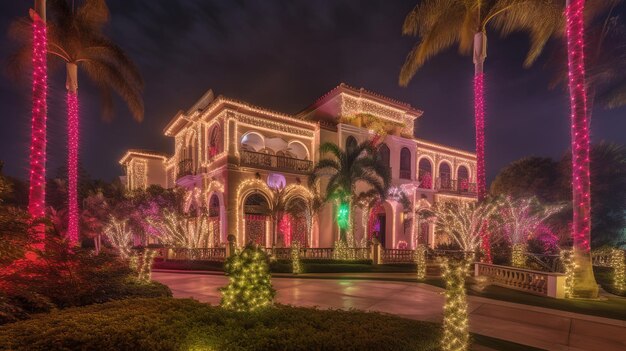 The house is lit up at night.