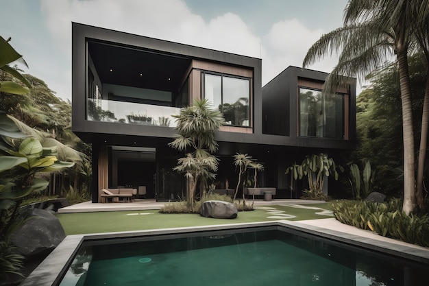 집은 검은 금속으로 만들어졌으며 중앙에 수영장이 있습니다.