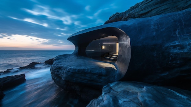 The house is made of concrete and has a view of the ocean