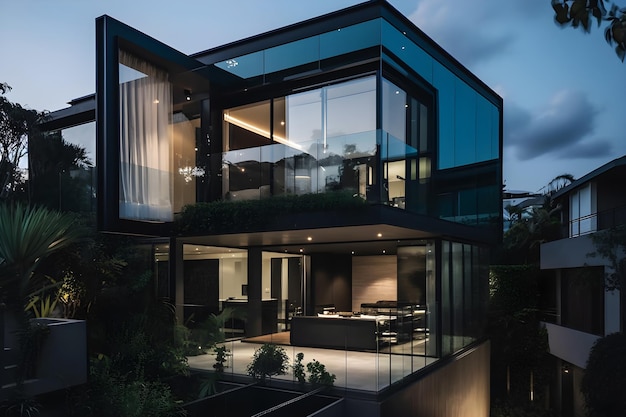 The house is made of glass and has a large glass door that opens to the backyard.