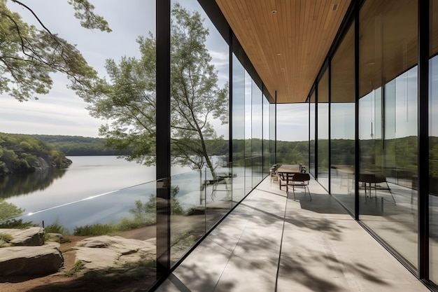 The house is made of glass and has a large glass wall that is covered in windows