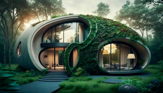 The house is made of plants and is made of concrete.