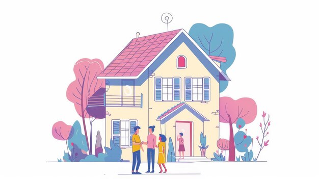 The house is surrounded by people greeting one another This is an illustration of a real estate agency in flat design style