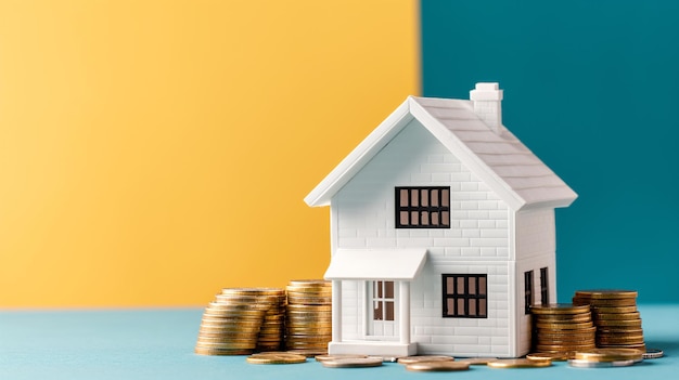 A house is surrounded by a pile of coins