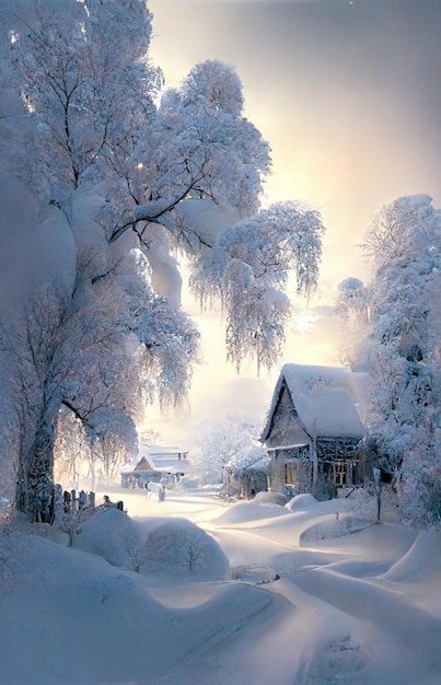 家は雪に覆われた木々に囲まれています生成ai