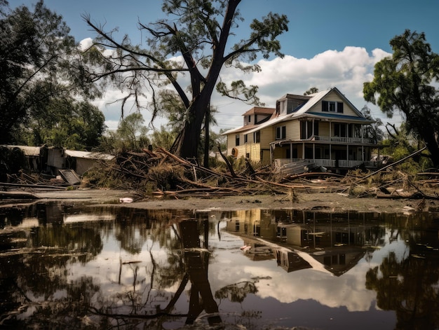 a house is surrounded by trees and a house that has been flooded.