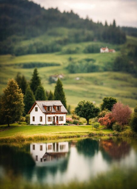 a house is on the water with a reflection of trees in the water