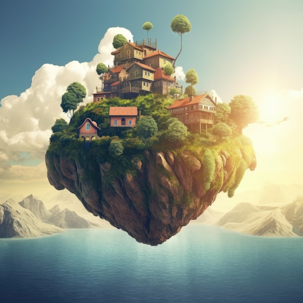 House on island floating in the sky