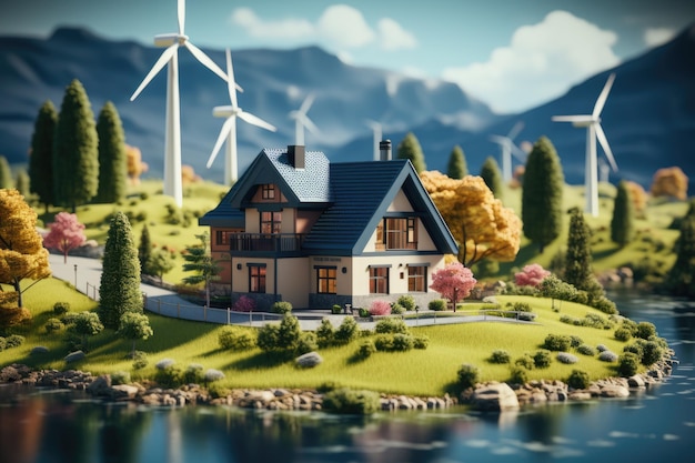 A house on an island wind turbines in the background Futuristic sustainable living concept image