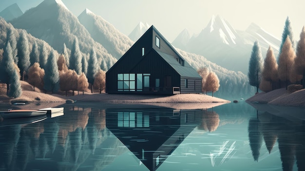A house on an island with mountains in the background