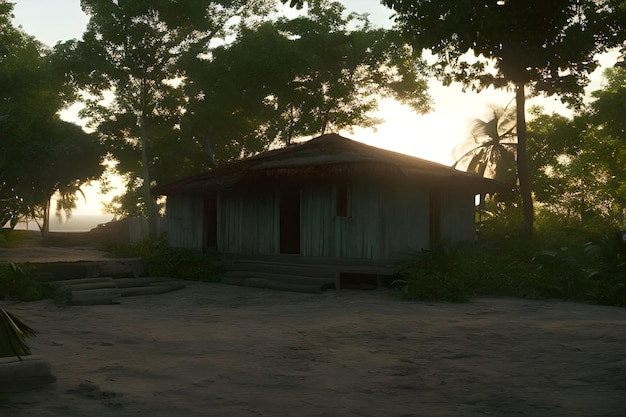 A house in the jungle at sunset