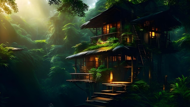 A house in the jungle with a balcony and a tree house on the bottom.