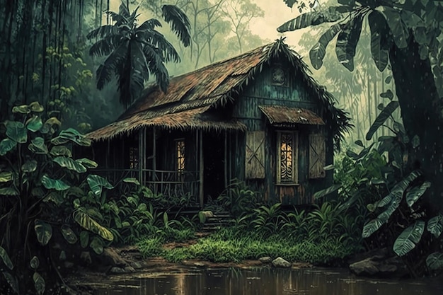 Photo a house in the jungle with a jungle background