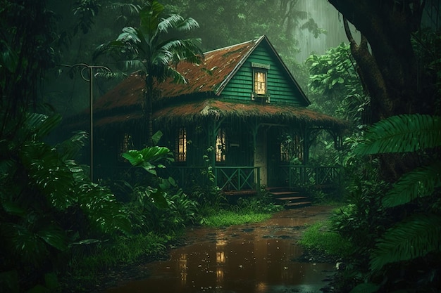 A house in the jungle with the lights on