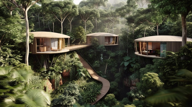 A house in the jungle with a tree house on the top.