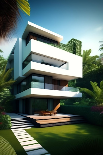 A house in the jungle with a white exterior and a balcony.