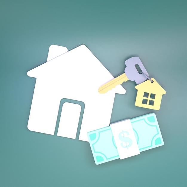house key apartment icon and dollars real estate purchase concept 3d render