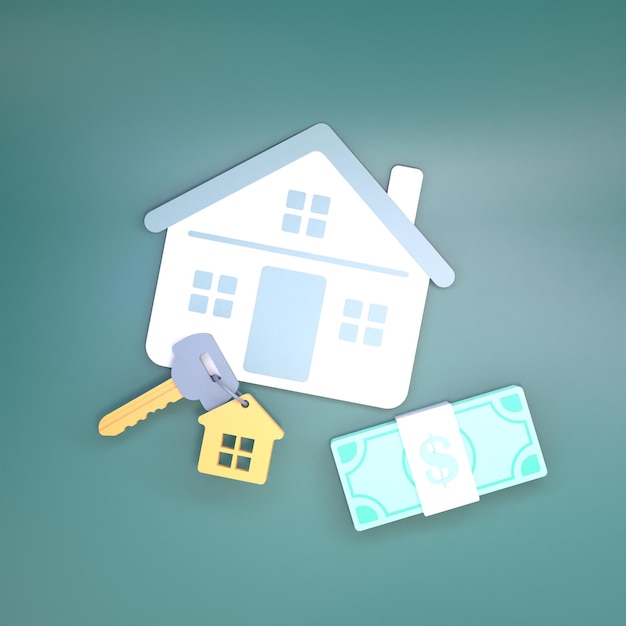 house key apartment icon and dollars real estate purchase concept 3d render