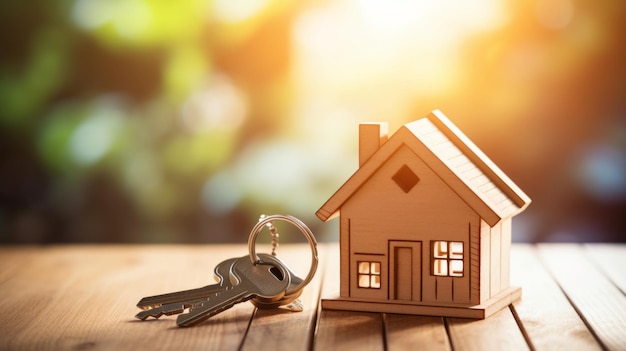 집 열쇠와 집 모델 햇빛 배경 모기지 투자 부동산 및 새로운 주택 개념 생성 인공 지능