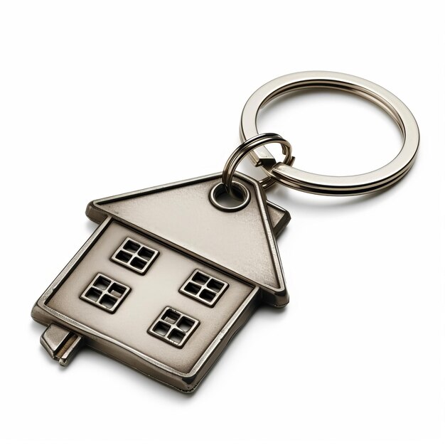 Photo house key with a house shaped keychain isolated on white background