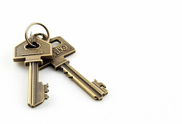 House key with a house shaped keychain isolated on white background
