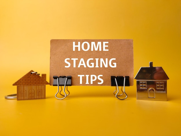 HOME STAGING TIPS라는 단어가 있는 하우스 키체인 및 카드 보드