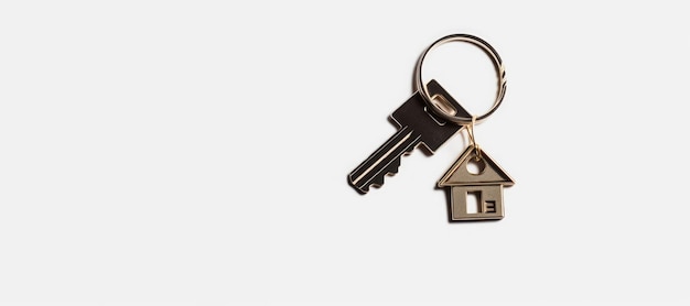 Ключи от дома в брелке на белом фоне. Ипотека и концепция жилья