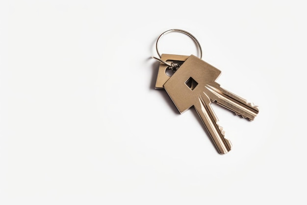 흰색 배경 모기지 및 주택 개념의 키체인에 집 열쇠