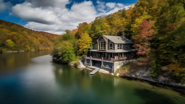 A house on the lake in the fall