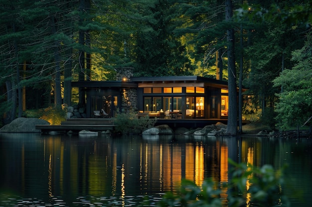 A house on a lake surrounded by trees