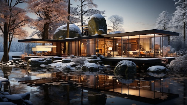 a house on a lake with a dock and a lit up patio