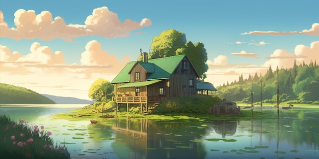 Дом на озере с зеленой крышей