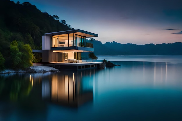 A house on a lake with a lake in the background.