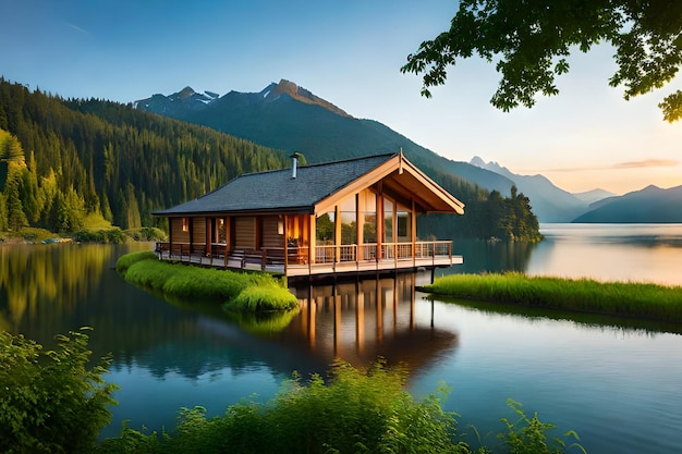 A house on a lake with a mountain in the background