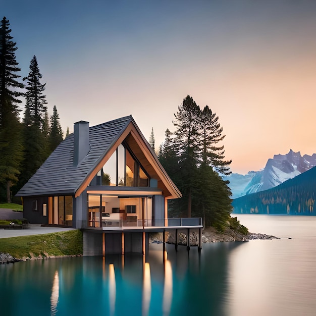 Foto una casa su un lago con una montagna sullo sfondo.