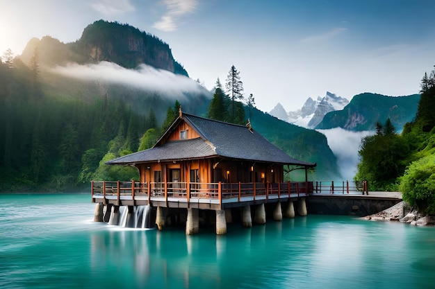 A house on a lake with mountains in the background