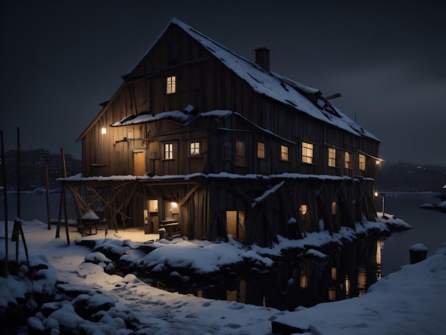 A house on a lake with snow on the roof