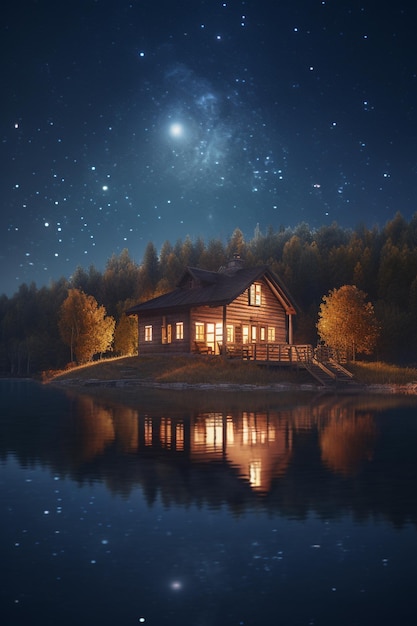 A house on a lake with a starry sky above it